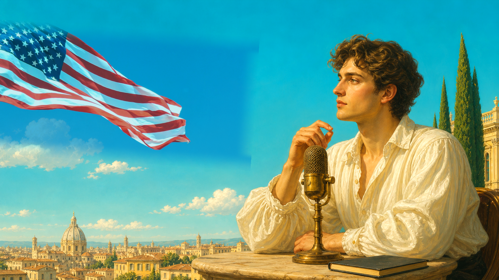 A curious thinker at a vintage microphone, overlooking a classical city skyline